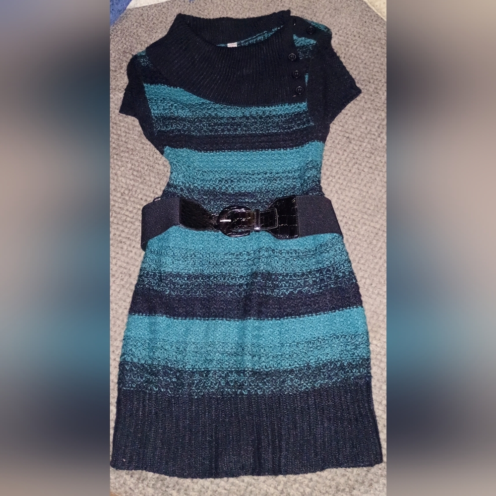 No Boundaries Teal and Black Cowl Neck Sweater Dress